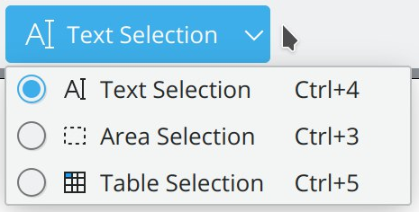 « Mode Sélection » de Okular, avec les options pour la sélection de texte, de zone et de table.