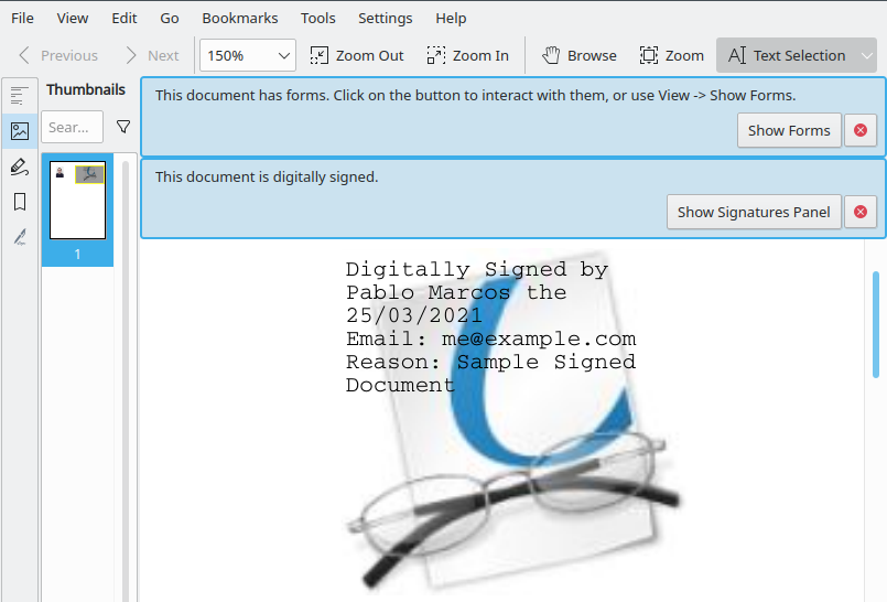 Okular 正在显示一个已签名的 PDF 文档。