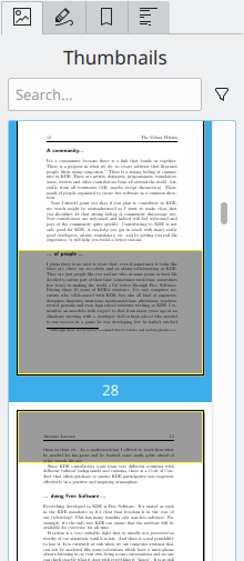 El «panel de miniaturas» de Okular muestra una miniatura de cada página de un documento.